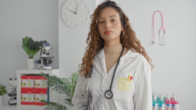 Woman doctor holding clipboard with stethoscope around neck, pens in pocket and glasses visible in clinic building near microscope and clock; professional care confidence.