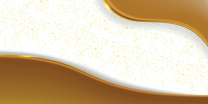 Elegant gold and white abstract background with wavy borders and glittering golden confetti particles.