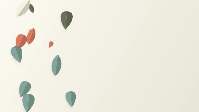Minimalist organic background loop featuring colorful 3D paper cut leaves floating gently on a soft cream backdrop. Perfect for eco-friendly wellness and nature presentation slides.
