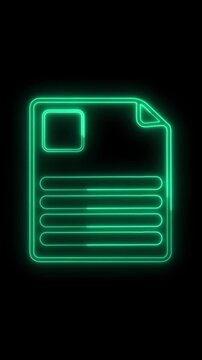 Neon file icon animation on black background. Neon file icon green digital document symbol. Neon file icon professional data management graphic on black background.