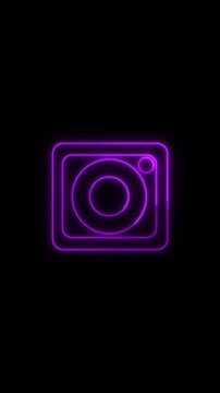 Neon camera icon animation on black background. Neon camera icon purple social media symbol. Neon camera icon photography technology graphic on black background.