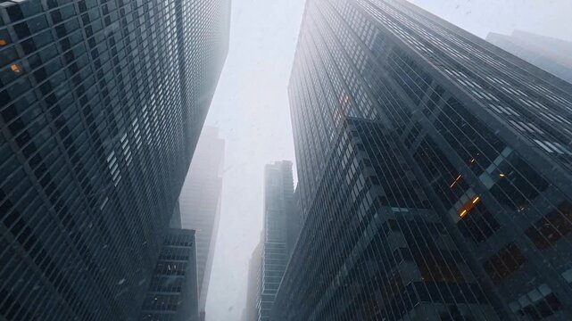 New York, USA, 15 January 2026: Low Angle View Up Glass Skyscrapers Manhattan Blizzard. Upward view of Midtown glass skyscrapers during blizzard
