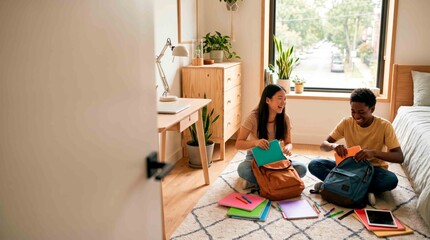 Fototapeta premium Two happy teenagers packing backpacks with school supplies in a bright bedroom