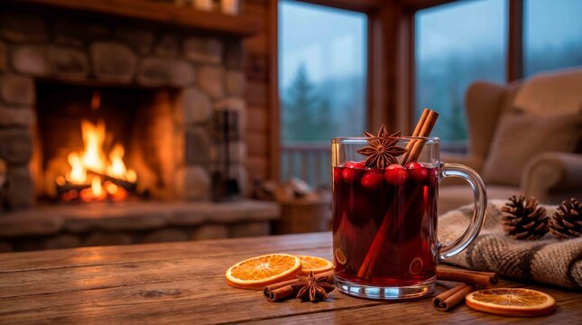 Cozy winter evening with mulled wine by a warm fireplace and scenic window view