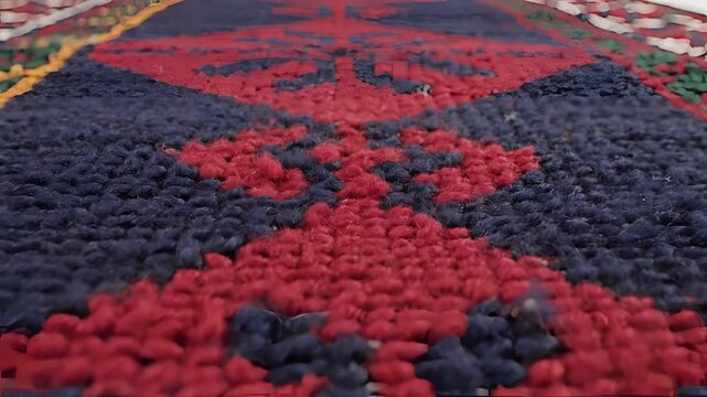 Closeup of a vibrant textured rug with a bold geometric pattern in red and dark blue.