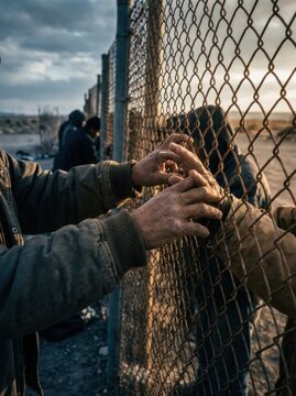 Border Separation: Hands grasp a chain-link fence as individuals are separated by the barrier, evoking a sense of confinement and longing for connection.