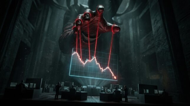 The Shadow of Financial Control: A colossal, shadowy hand manipulates red strings attached to a falling stock market graph.