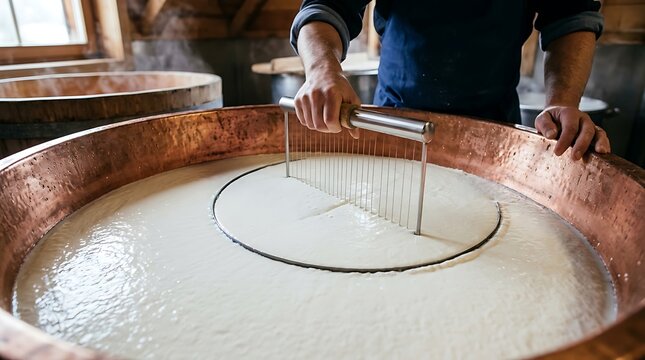 Artisan cheesemaker cutting curd in traditional copper vat
