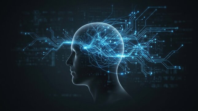 Artificial Intelligence Brain: A stylized representation of a human head silhouette, with glowing blue circuitry and data streams emanating from the brain.