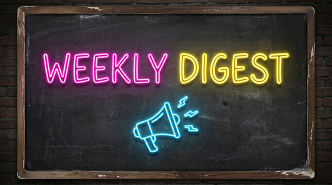 Glowing neon sign with "Weekly Digest" text in pink and yellow cursive letters on a dark chalkboard frame with a light blue megaphone icon.