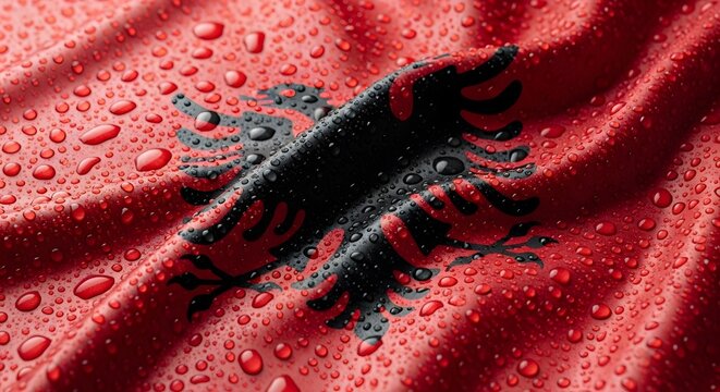 Close-up of the vibrant red Albanian flag with its black double-headed eagle emblem, covered in numerous glistening water droplets, showcasing the fabric's texture and folds.