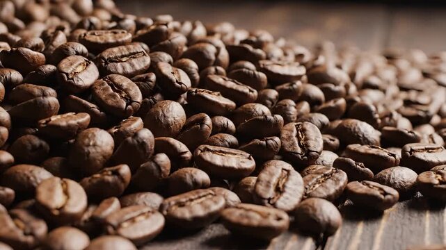 Closeup shot of roasted coffee beans piled on a wooden surface.