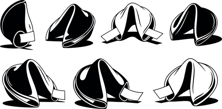 Chinese Fortune Cookie Icon Set in Black and White Silhouette Style with Blank Paper Messages for Asian Restaurant Graphic Designs