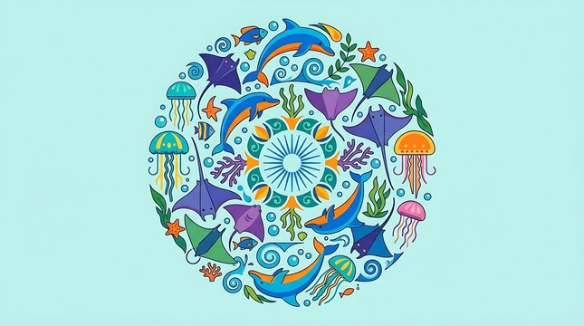 Vibrant ocean life circle with dolphins stingrays and jellyfish