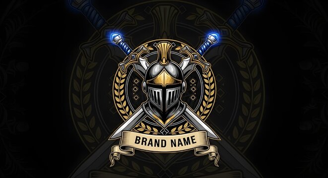 Knight helmet logo vector illustration with crossed swords and golden laurel wreath badge