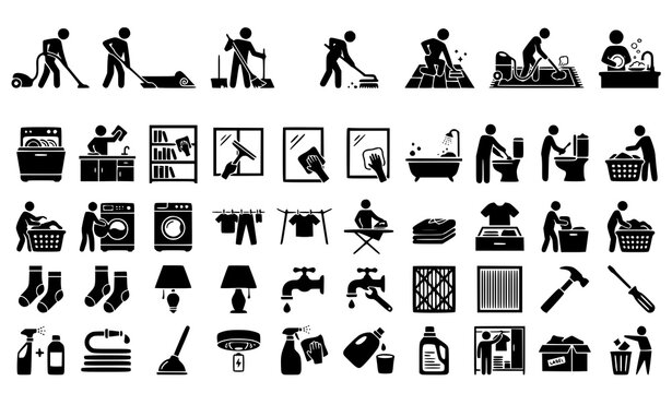Domestic Cleaning and Laundry Silhouette Icons Vector Set Household Chores Collection