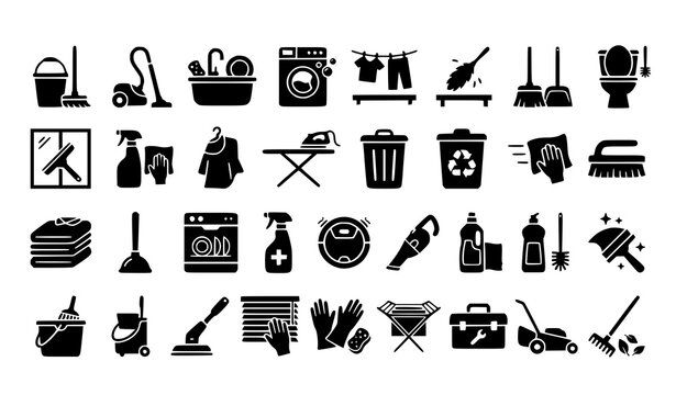 Housework and Household Cleaning Silhouette Icon Collection Vector Laundry Chore Set
