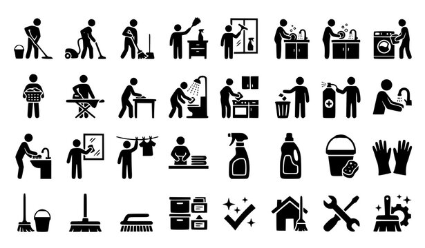 Household Cleaning and Chores Silhouette Icon Set Mopping Laundry Housework Vector