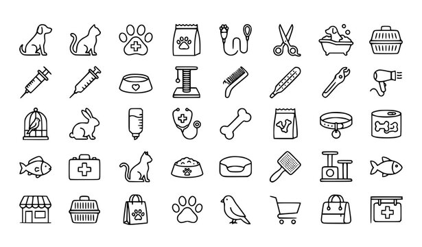 Pet care icon collection vector thin outline veterinary design