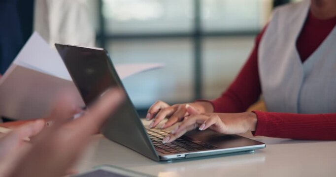 Laptop, typing and meeting with hands of person in office for minutes review, planning and proposal draft. Workshop, agenda report and reminder with employees in agency for research and summary