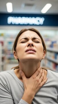 Young woman suffering from sore throat pain in pharmacy store, Caucasian female patient feeling sick with throat infection, healthcare and medicine concept