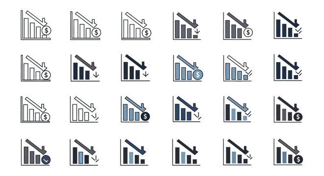 Set of Financial Decline Icons Showing Downward Trends and Loss