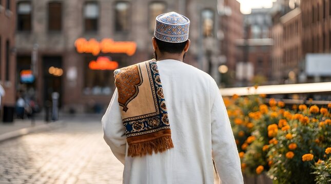 A man in traditional Islamic attire walks down a city street with a prayer rug over his shoulder, heading towards a building.