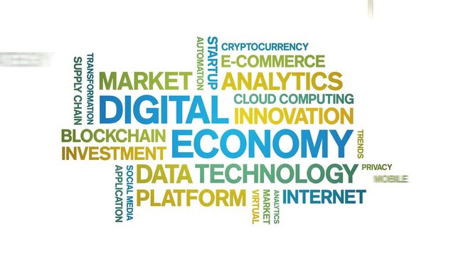 Digital Economy animated word cloud-text design animation tag kinetic typography seamless loop.