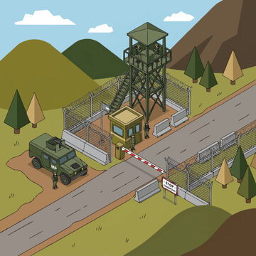 Military checkpoint with watchtower and vehicle.