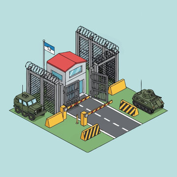 Military checkpoint with armored vehicles and gate.