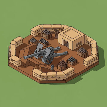 Isometric illustration of a fortified military base with a large gun.