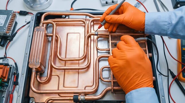 Teste de sistema el&eacute;trico com tubos de cobre e luvas laranja, inspe&ccedil;&atilde;o t&eacute;cnica e close-up macro de engenharia, detalhe industrial, contexto tecnol&oacute;gico.
