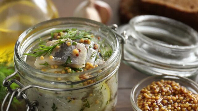 Marinated herring with spices and dill on wooden table, closeup. Camera moving right