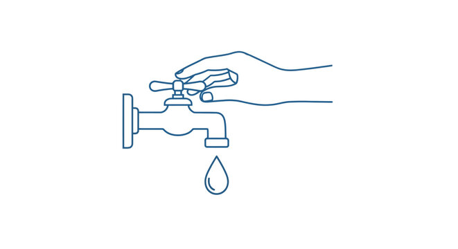 Hand turning off a faucet dripping water, conservation concept illustration