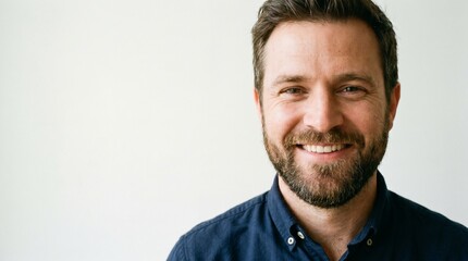 Obraz premium Close up portrait of a smiling man with beard and blue shirt against a white background