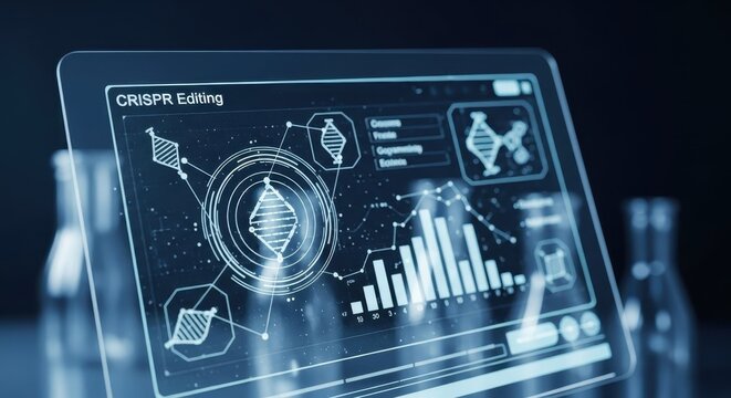 Digital screen displaying genetic research data with DNA analysis and charts