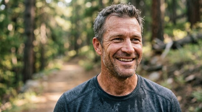 Fit middle aged man smiling on a forest trail after exercise