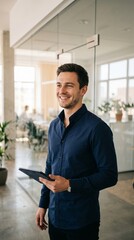 Fototapeta premium Smiling businessman holding a tablet computer in a modern office environment