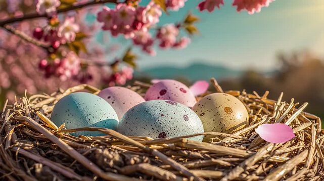 Pastel Speckled Eggs Nestled in a Twisted Branch Nest Amid Spring Blossoms