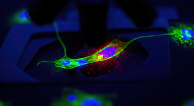 Fluorescently stained cell nucleus and organelles observed under a microscope displaying vibrant scientific imagery