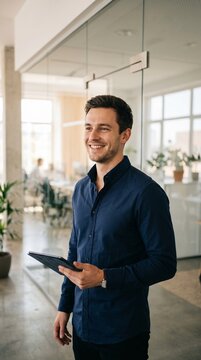 Smiling businessman holding a tablet computer in a modern office environment