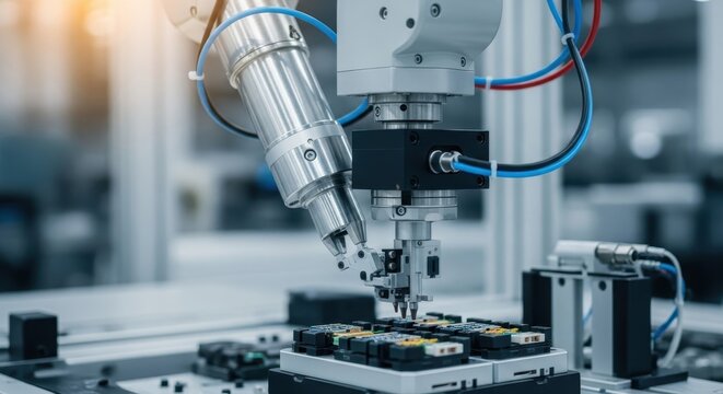 Industrial robotic arm precisely assembling electronic components on a production line showcasing advanced manufacturing.