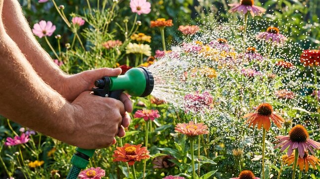 Gardener watering colorful flowers in a garden with a hose and spray nozzle