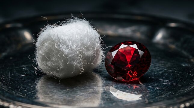 Brilliant red gemstone and soft white cotton ball on silver tray