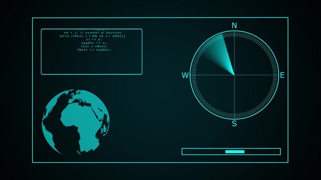 Futuristic digital display with globe and compass overlay. Global navigation symbol for international tracking. Digital globe animation for world map orientation.