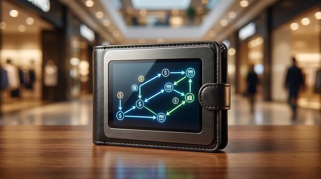 Modern digital wallet with glowing financial data on a wooden table