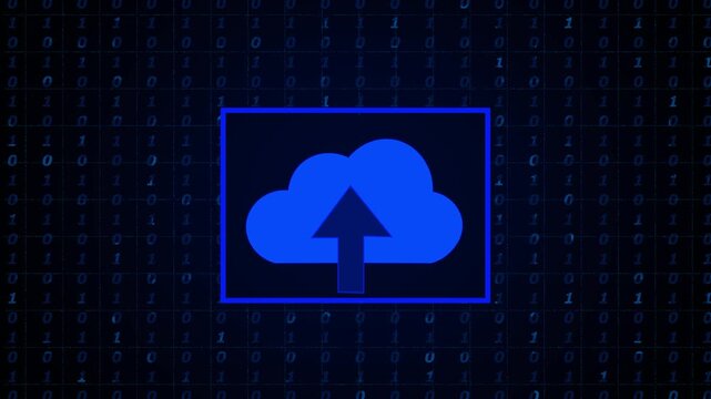 Blue cloud upload icon on binary code background. Cloud computing symbol for web data server transmission. Digital cloud animation for information sync.