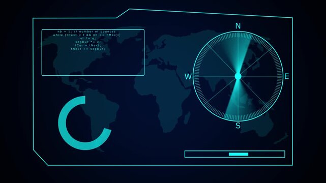 World map interface with compass and code lines. Global orientation symbol for international computer programming. Digital world map animation for navigation.