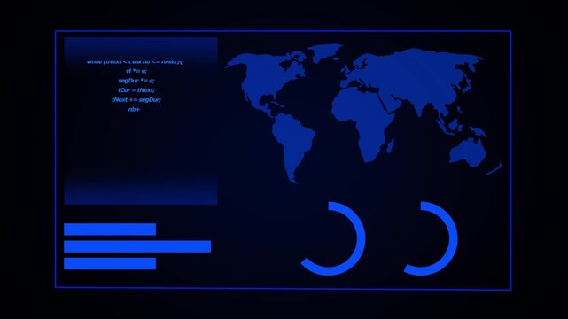 Blue digital interface with world map and code lines. Global programming symbol for international data infrastructure. Digital world map animation for tech.