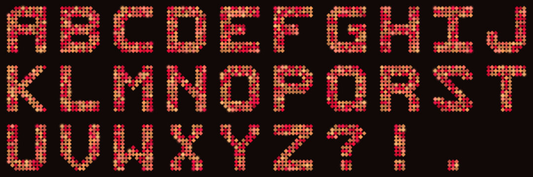 Pixelated Mosaic Alphabet Set with Red and Orange Gradient Tiles for Digital Design and Retro Gaming Typography